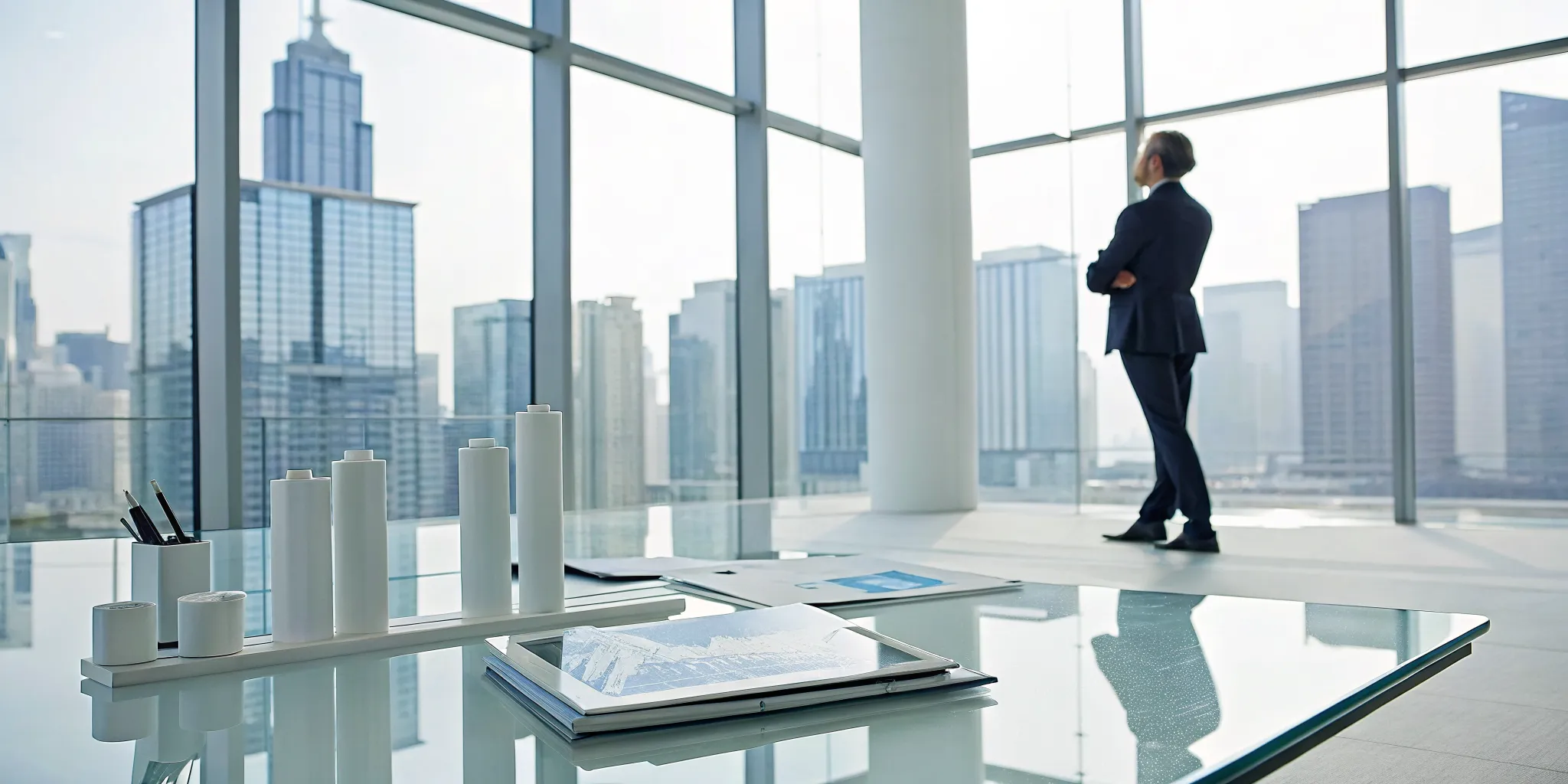 A real estate investment consultant plans a strategy in an office overlooking a city skyline.