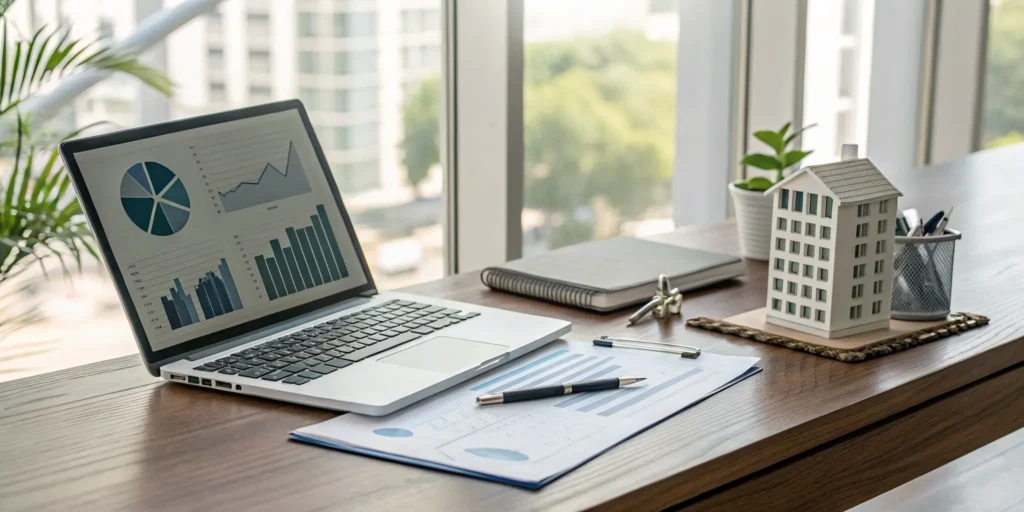 Laptop with financial charts, paperwork, and a house model on a desk for landlord bookkeeping.