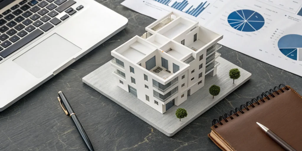 A multifamily building model, laptop, and financial charts for multifamily investor bookkeeping.