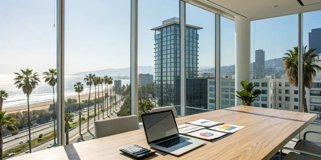 A tax advisor for California real estate investors reviews documents in an office overlooking the city.