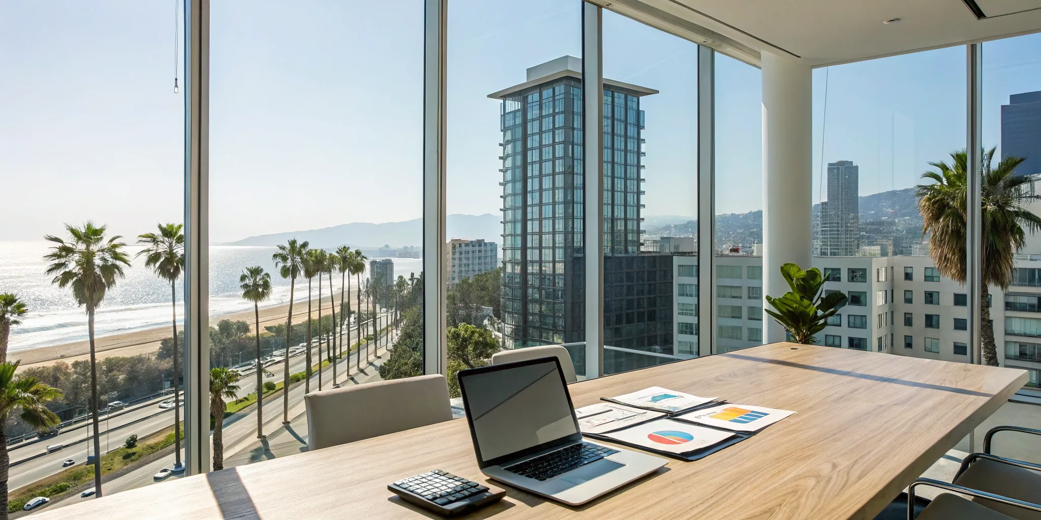 A tax advisor for California real estate investors reviews documents in an office overlooking the city.