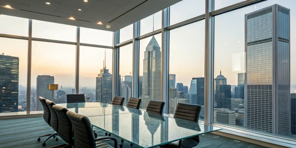Modern office with a city view for analyzing real estate cost segregation benefits.