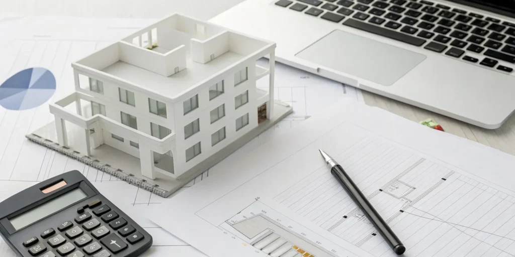 Real estate business tax planning with a house model, calculator, and laptop on a desk.