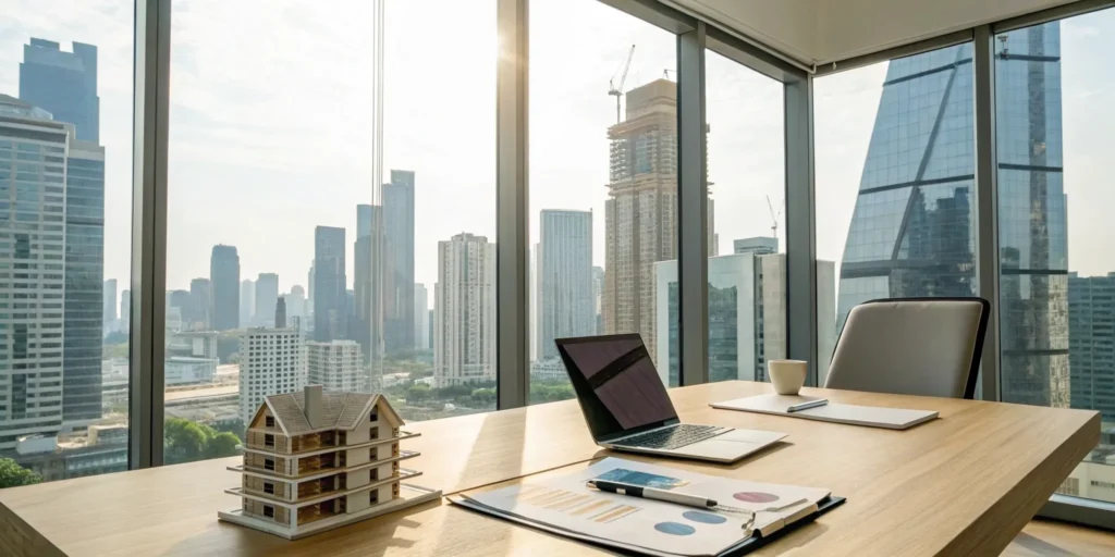 Modern office desk with financial charts and a model house for a real estate accounting firm.