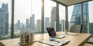 Modern office desk with financial charts and a model house for a real estate accounting firm.