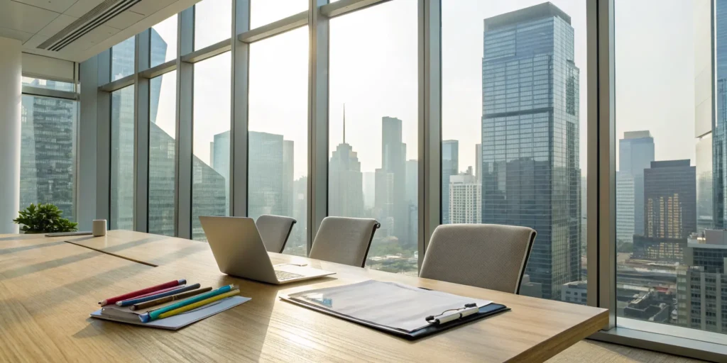 Modern office of a real estate business accounting firm with documents and a city skyline.