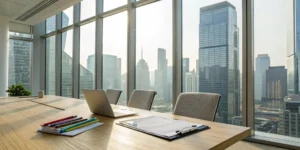 Modern office of a real estate business accounting firm with documents and a city skyline.