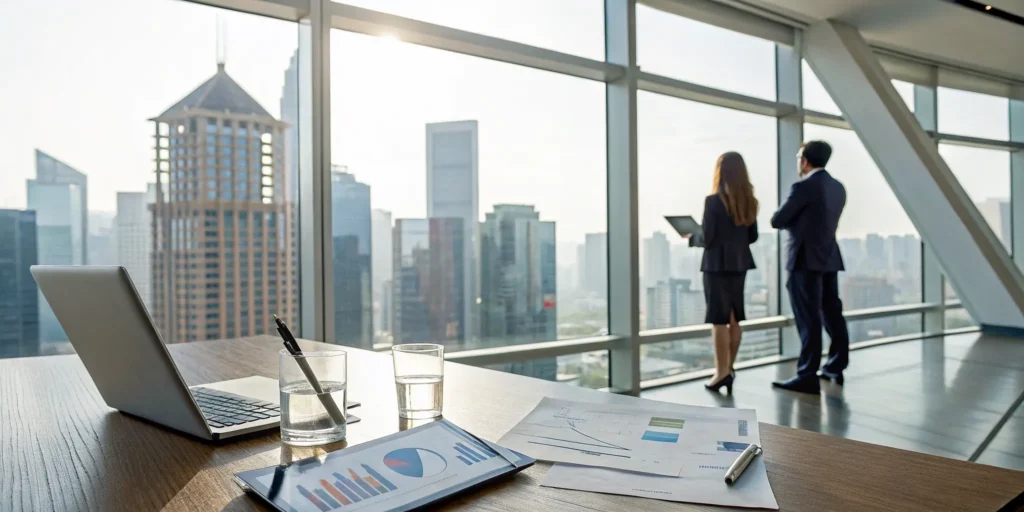 Real estate accounting specialists analyzing financial charts and planning investments in a modern office.