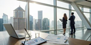 Real estate accounting specialists analyzing financial charts and planning investments in a modern office.