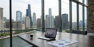 Real estate portfolio analysis for Illinois properties on a laptop with a city skyline view.