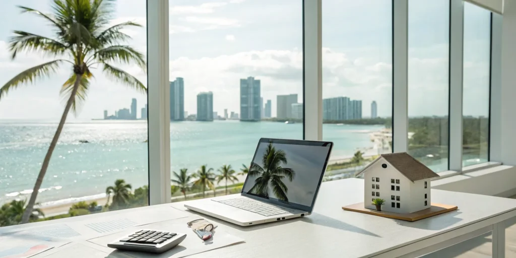 A Florida real estate CPA's desk with a laptop and house model overlooking the beach.