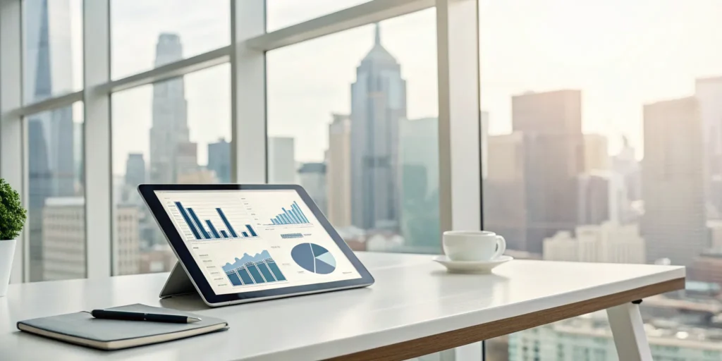 A tablet displaying a real estate accounting solutions dashboard with financial charts.