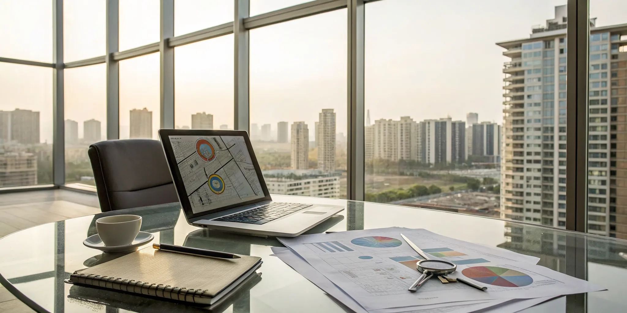 An office desk with financial charts for vetting a real estate accounting firm near me.