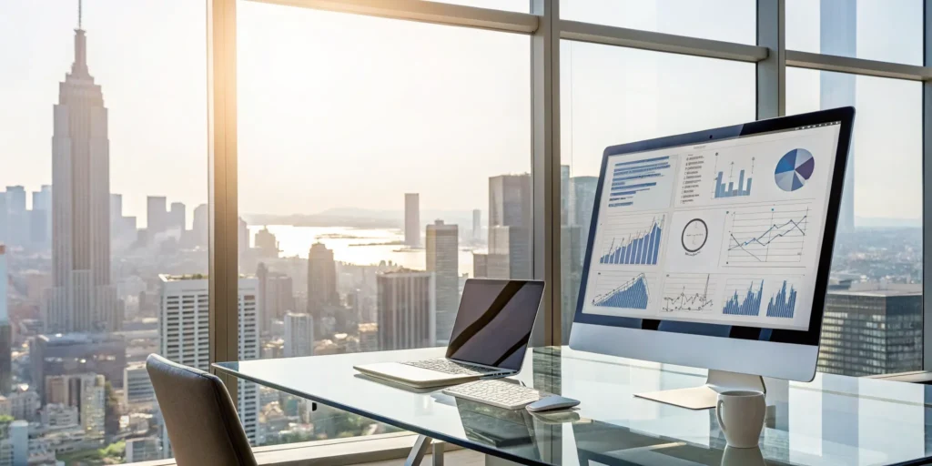 A computer screen with charts analyzing real estate accounting software support.