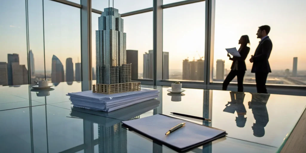 Real estate tax strategy firm professionals planning around a desk with a skyscraper model.