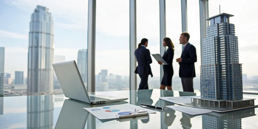 Professionals discussing real estate syndication accounting services with financial charts and a building model.