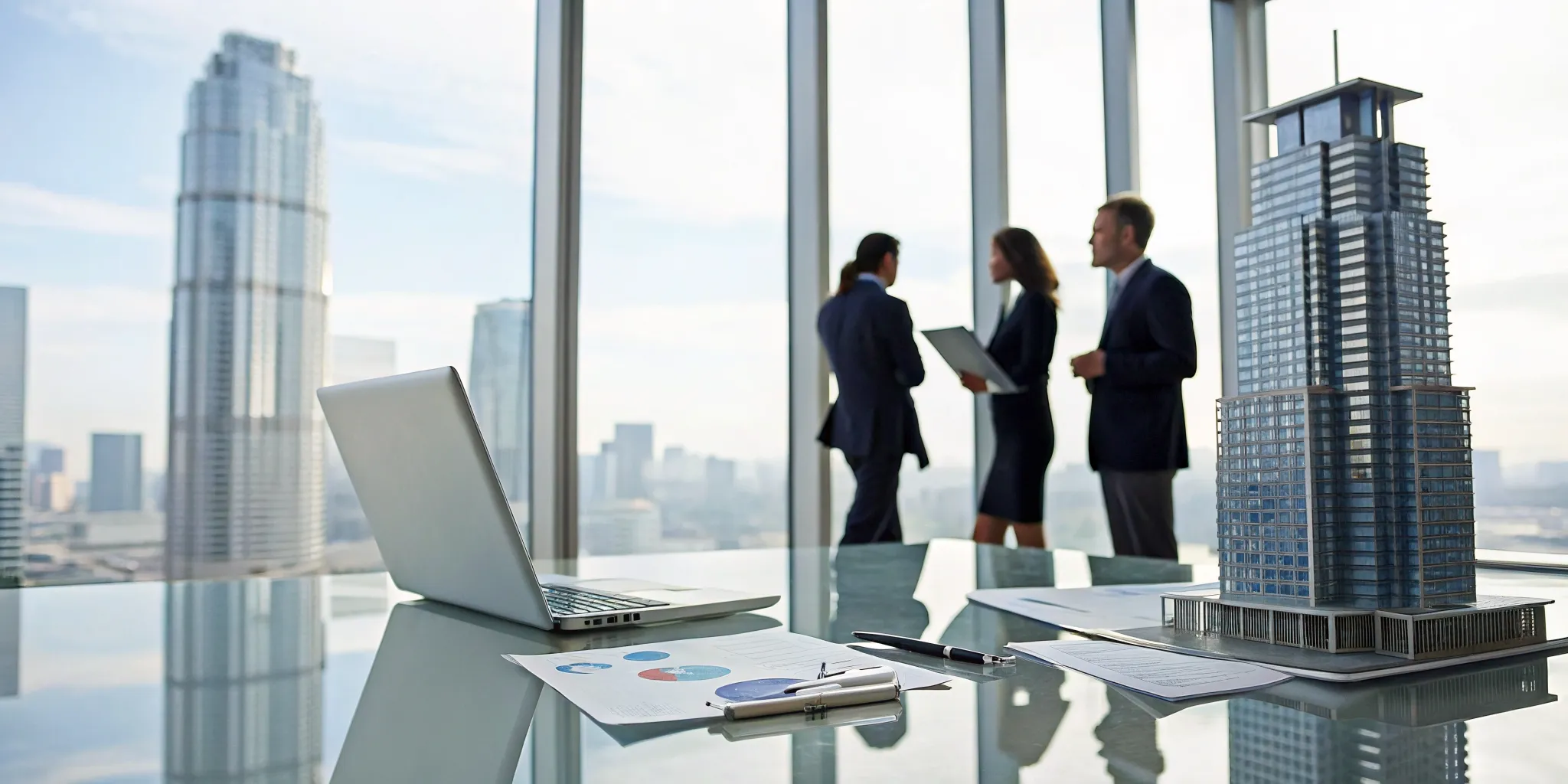 Professionals discussing real estate syndication accounting services with financial charts and a building model.