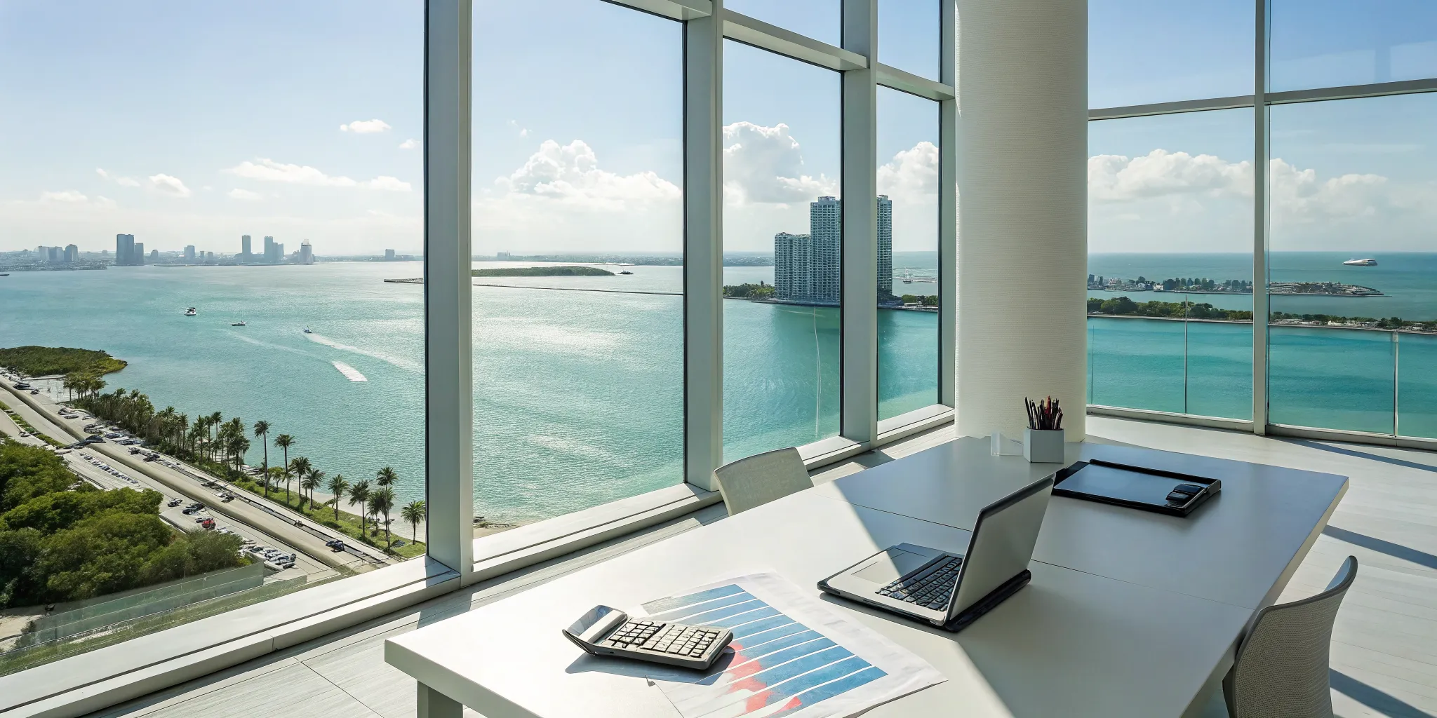 Miami real estate tax advisor's desk with tax documents and laptop overlooking the water.