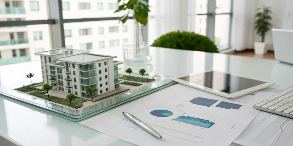 Model multifamily building on a desk with financial charts and a tablet for real estate accounting.