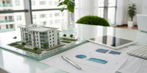 Model multifamily building on a desk with financial charts and a tablet for real estate accounting.