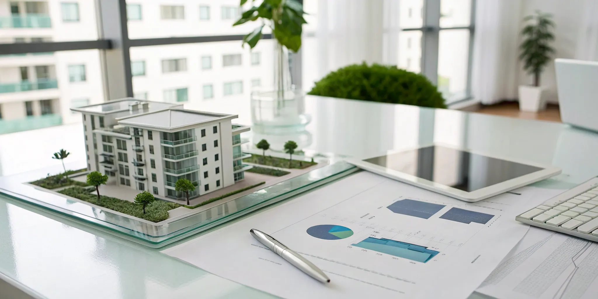 Model multifamily building on a desk with financial charts and a tablet for real estate accounting.