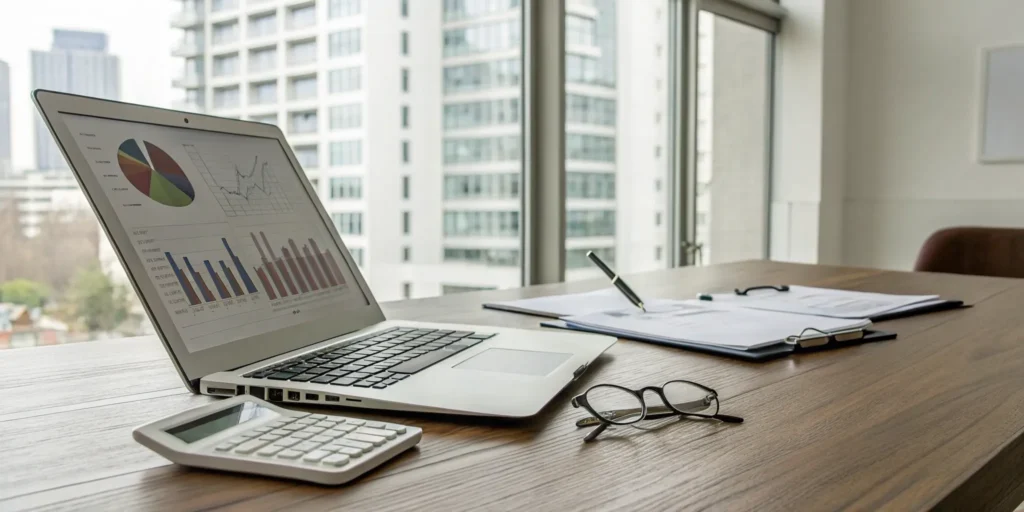 Laptop, calculator, and documents used for real estate accounting for investors.