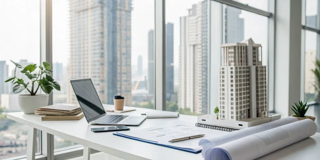 Desk with laptop and building model used for real estate accounting for an LLC.