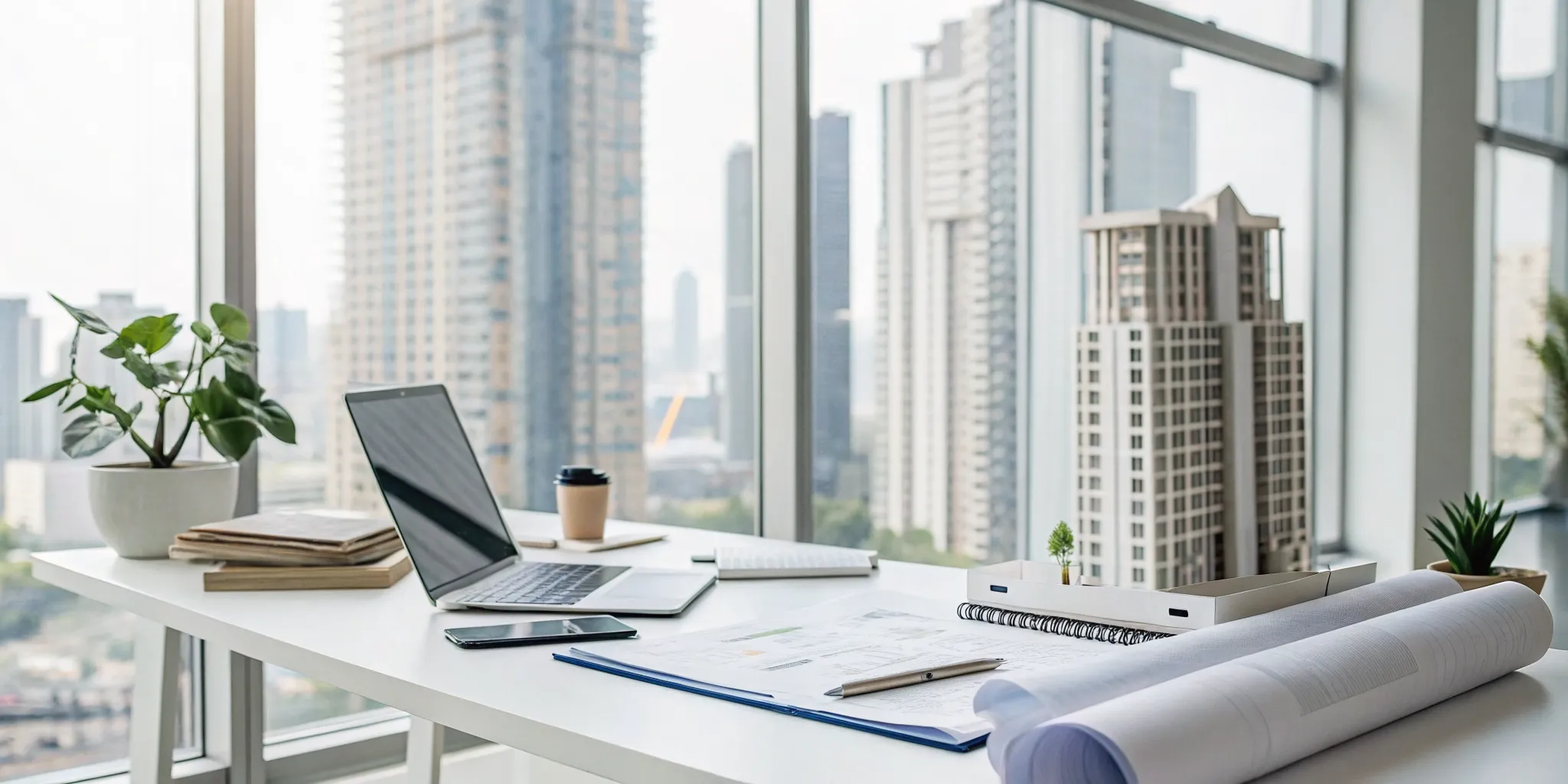 Desk with laptop and building model used for real estate accounting for an LLC.