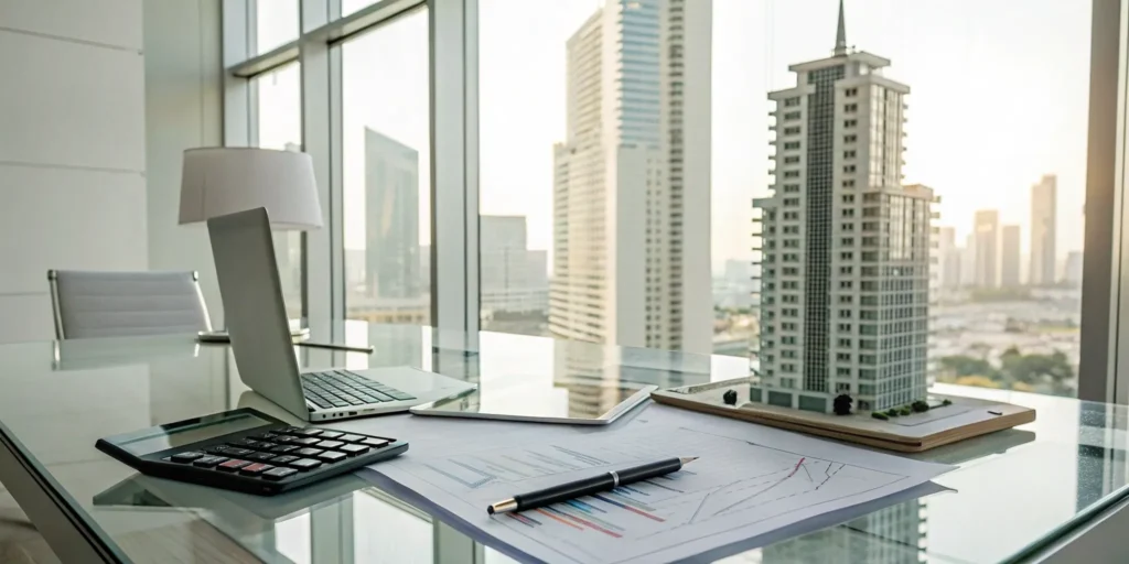 A desk with financial charts and a property model for real estate accounting services.