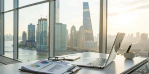 Laptop with financial data for real estate accounting services overlooking a USA city.