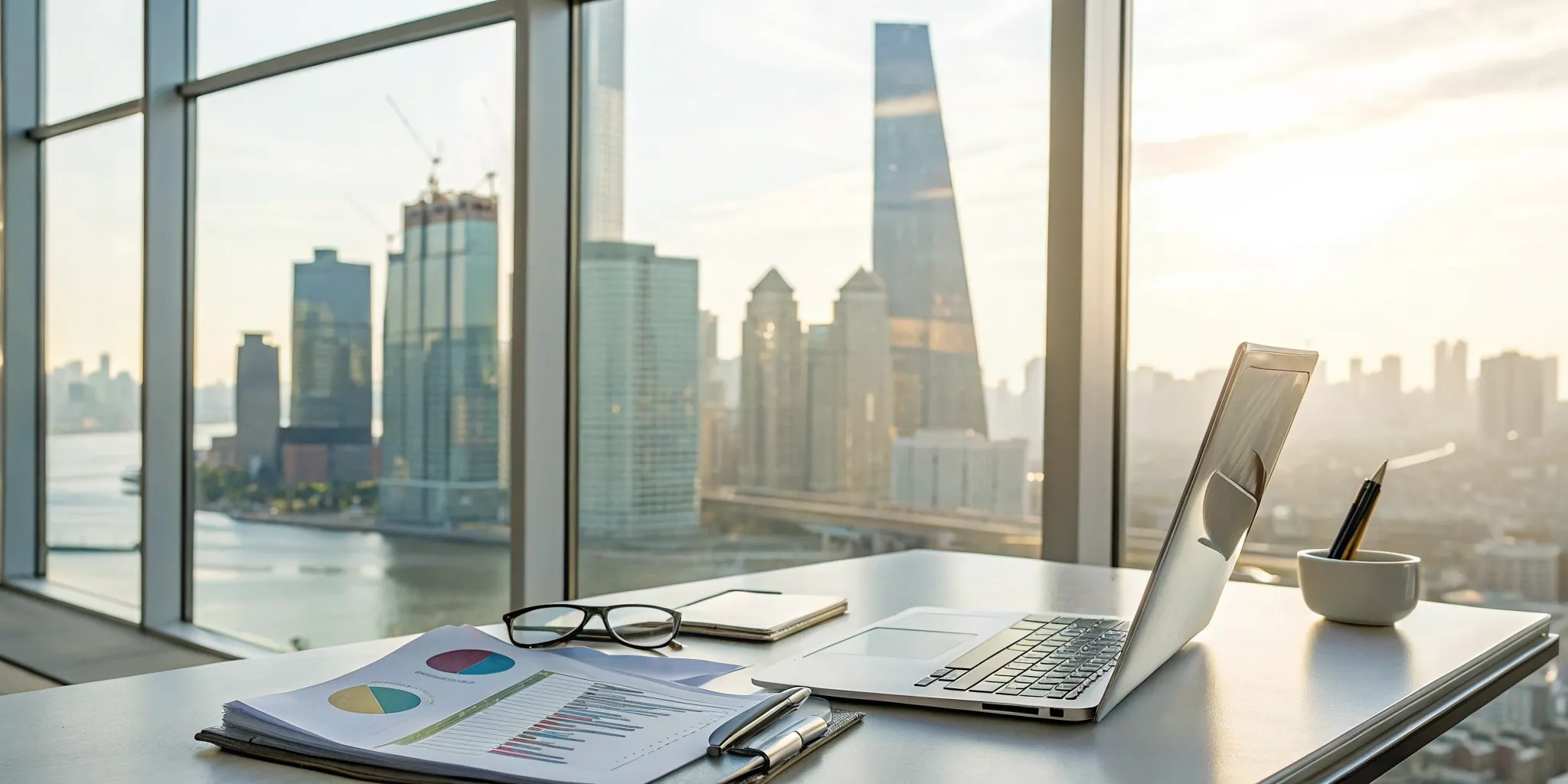 Laptop with financial data for real estate accounting services overlooking a USA city.