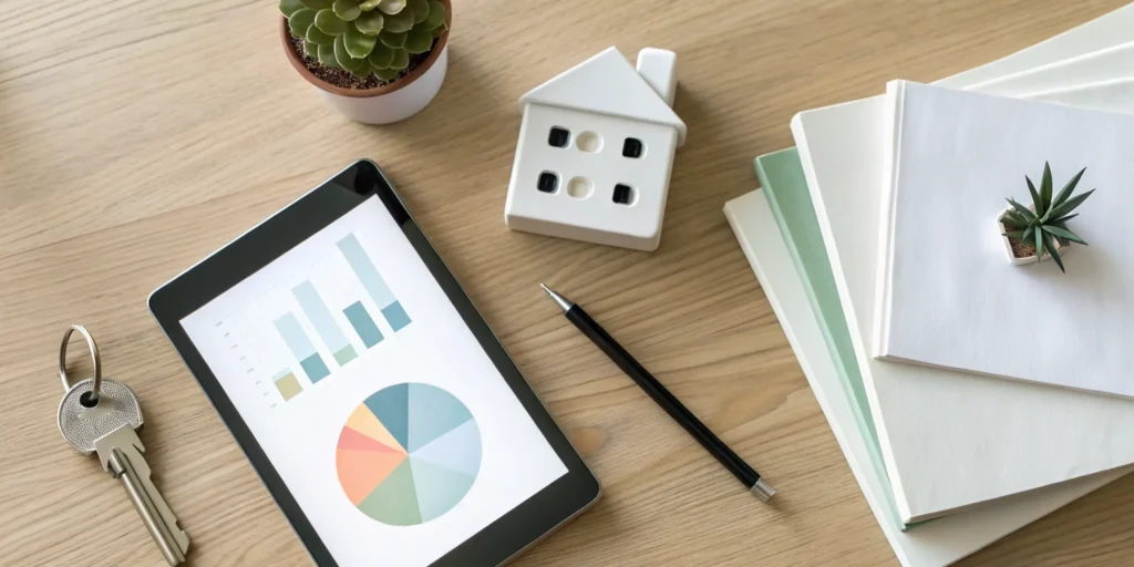 A desk with a house model, keys, and a tablet showing financial charts for real estate bookkeeping for beginners.