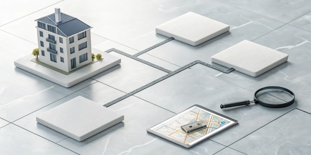 Model house, map, and magnifying glass for a real estate cash flow analysis.