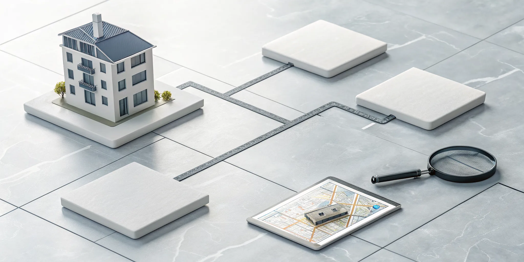 Model house, map, and magnifying glass for a real estate cash flow analysis.
