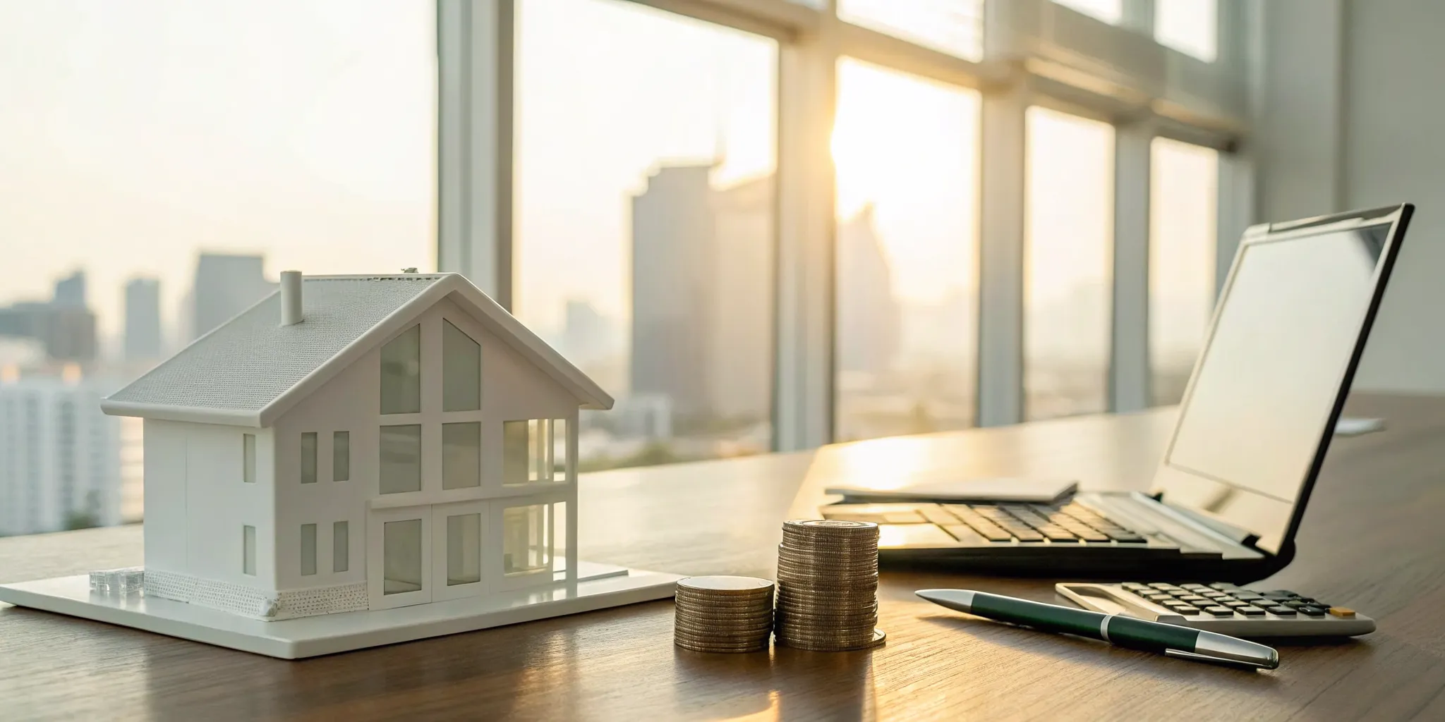 Real estate income tax planning with a model house, calculator, and coins on a desk.