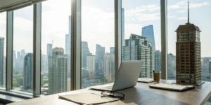 A real estate investor reviews tax strategies on a laptop in a modern office.