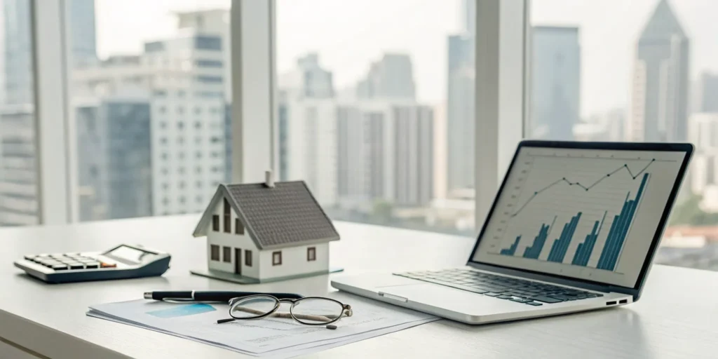 A real estate professional CPA reviews financial charts next to a house model and calculator.