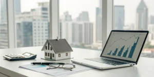 A real estate professional CPA reviews financial charts next to a house model and calculator.