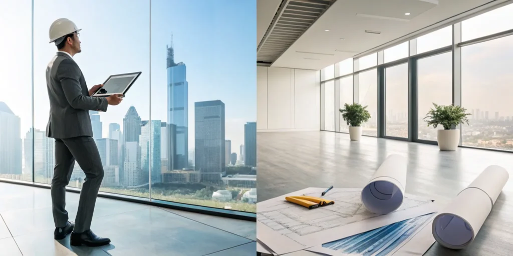 Real estate professional reviewing architectural plans and data on a tablet.