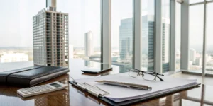 Desk with documents and a calculator for real estate tax preparation services.