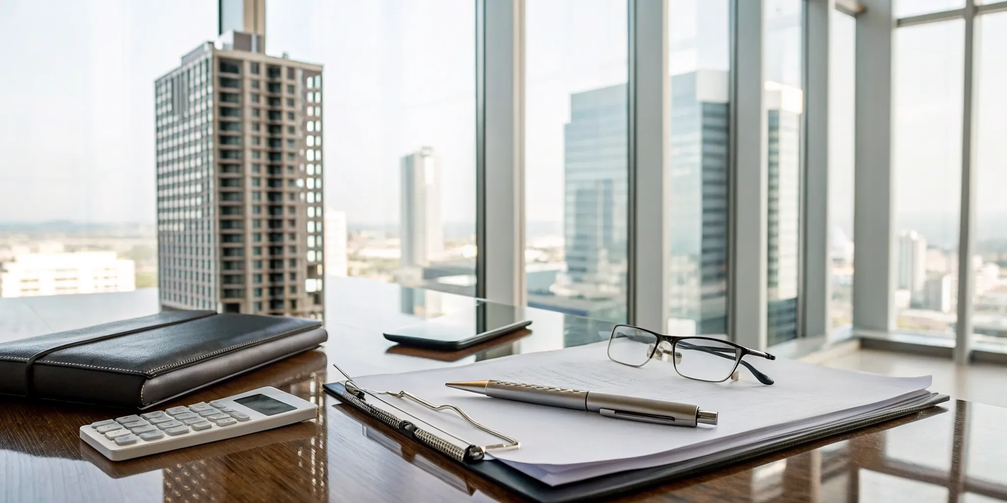 Desk with documents and a calculator for real estate tax preparation services.