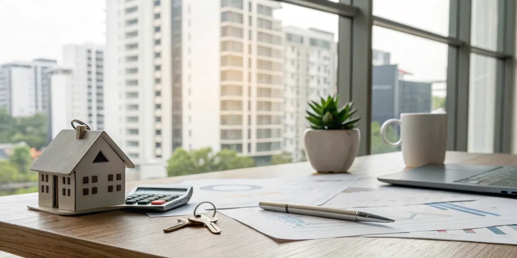 Rental property accounting services with a calculator, keys, and a house model on financial documents.