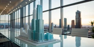 Skyscraper models on a table for real estate portfolio tax optimization.