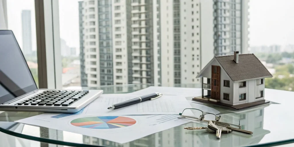 A real estate investor's desk with a laptop, house model, and charts for tax planning.