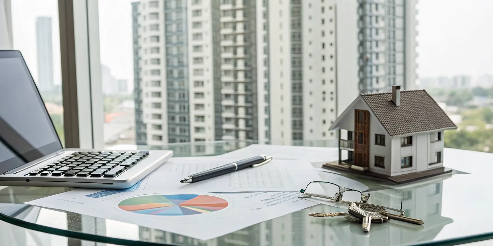 A real estate investor's desk with a laptop, house model, and charts for tax planning.