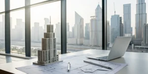 Real estate investor financial systems on a laptop next to an architectural model.