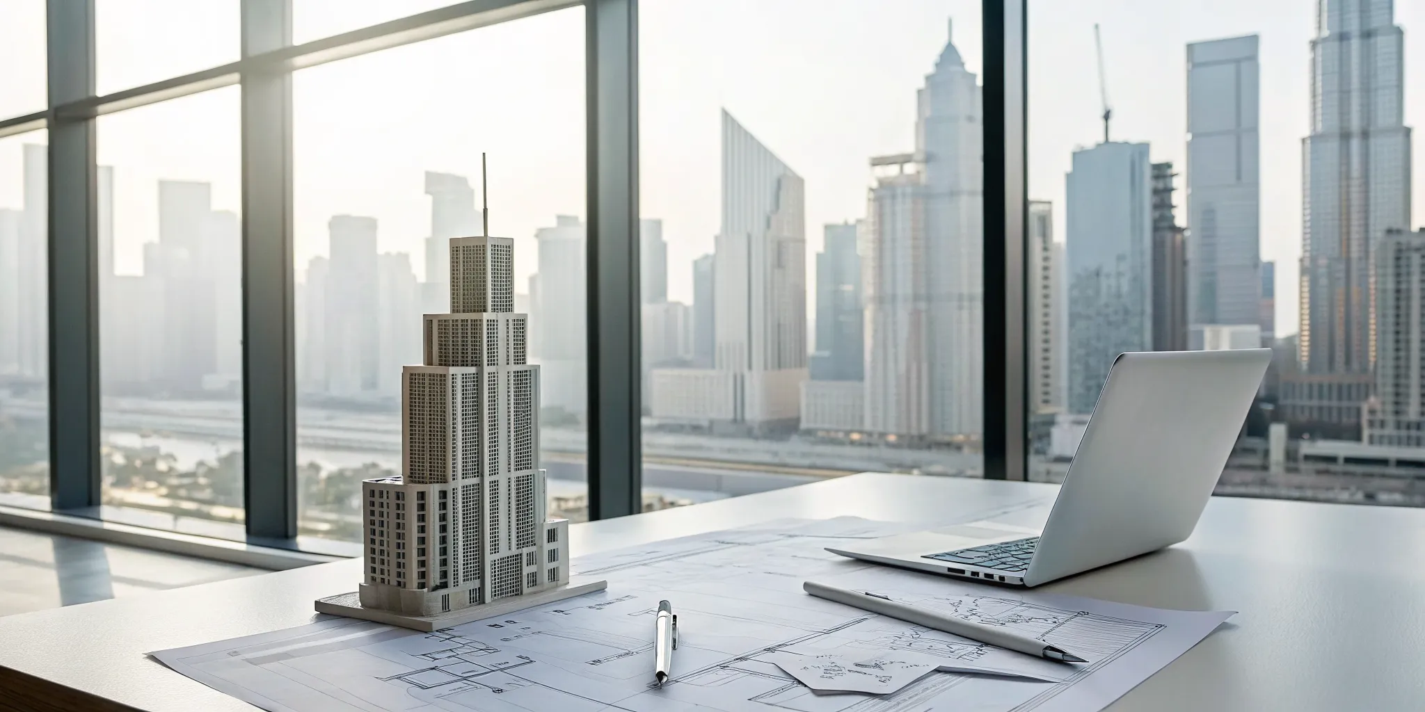 Real estate investor financial systems on a laptop next to an architectural model.