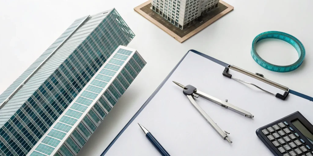 Architectural models and a calculator on a desk for a 1031 exchange tax strategy.