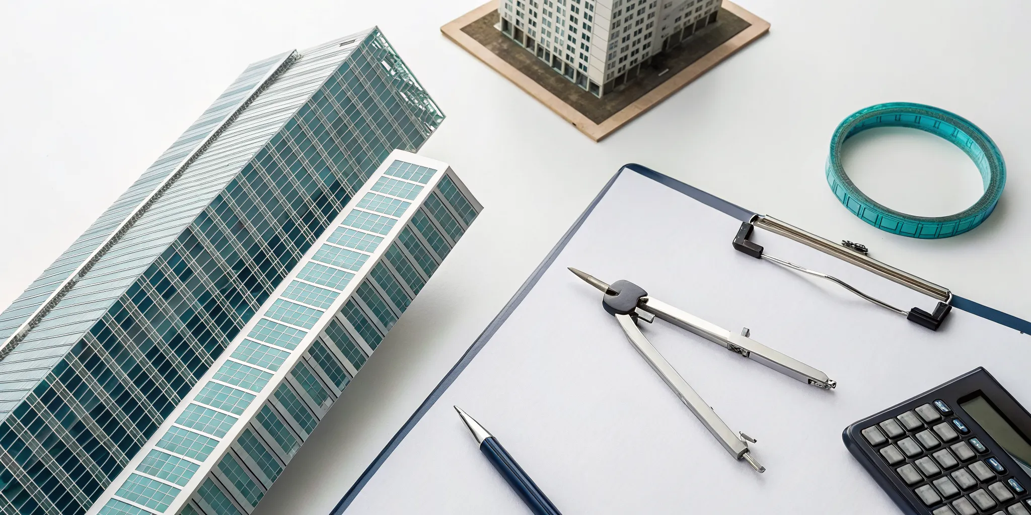 Architectural models and a calculator on a desk for a 1031 exchange tax strategy.