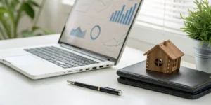 A desk set up for real estate investor bookkeeping with a laptop, house model, and financial charts.